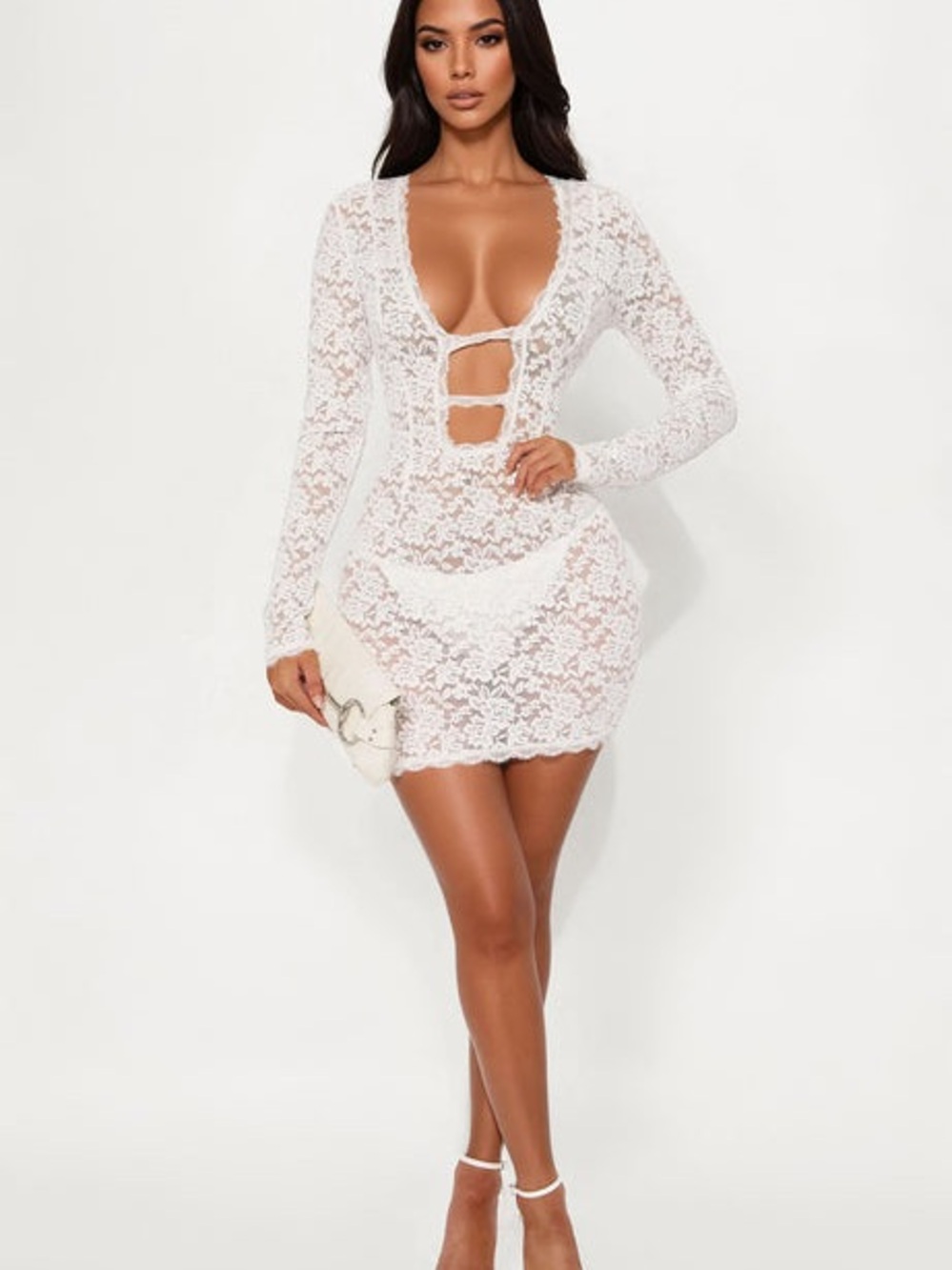 Fashion Nova White Lace Long-Sleeve Cutout Mini Dress